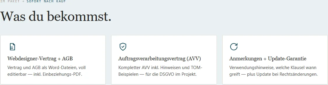 Lieferumfang des Webdesign-Agenturvertrags von easyContracts mit Vertrag und AGB, AVV und Update-Garantie