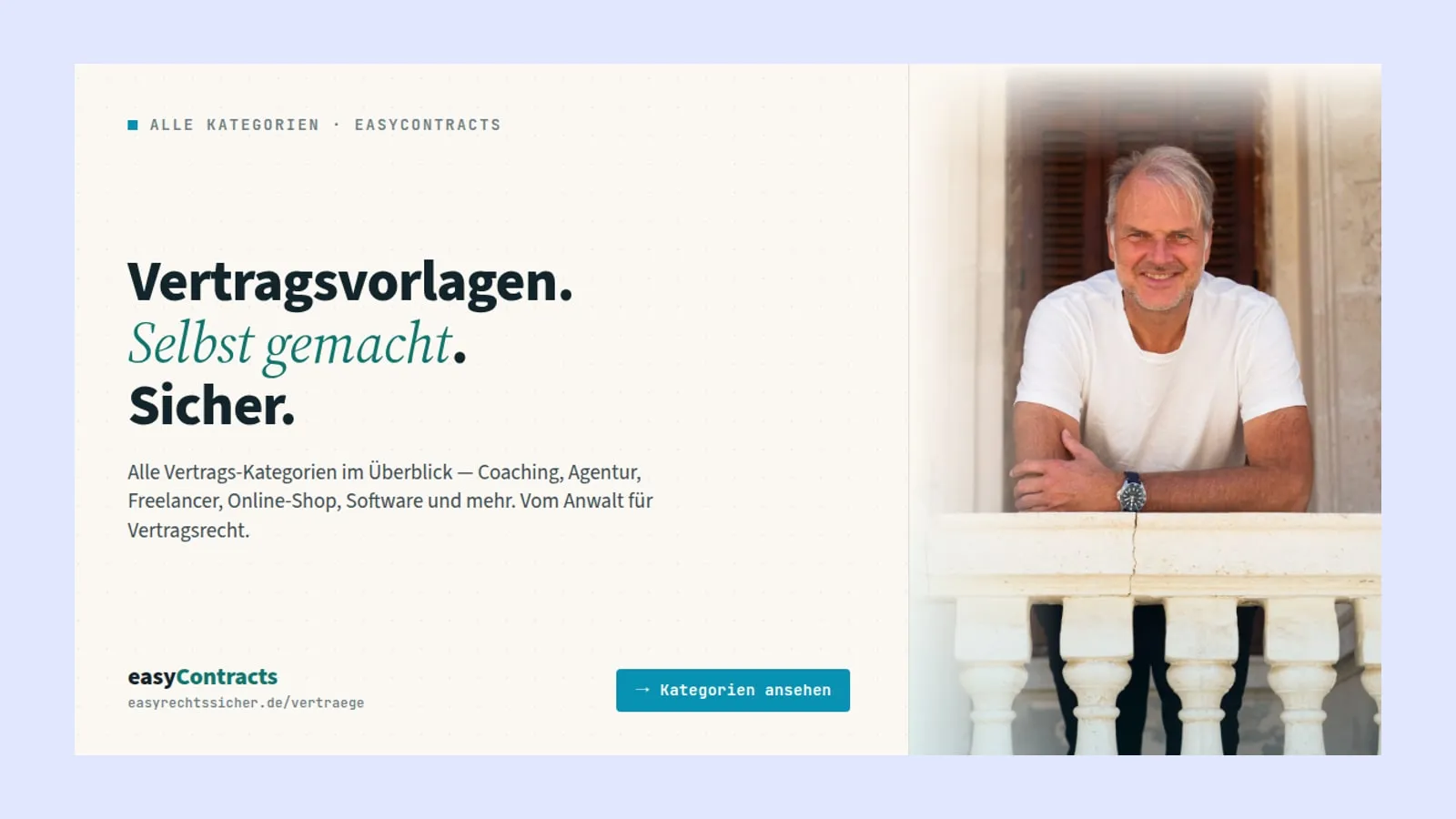Grafik von easyContracts mit dem Schriftzug Vertragsvorlagen und einem Foto von Dr. Ronald Kandelhard auf einem Balkon