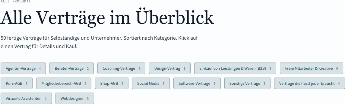 Übersicht von easyContracts mit 50 Verträgen in Kategorien wie Coaching-Verträge, Kurs-AGB und Webdesigner