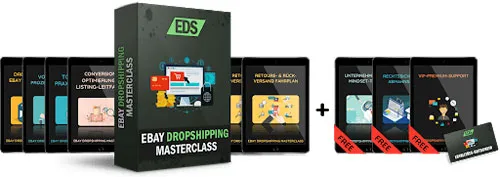 Kursbox der Ebay Dropshipping Masterclass mit den Modulen auf Tablets und den Bonus-Inhalten