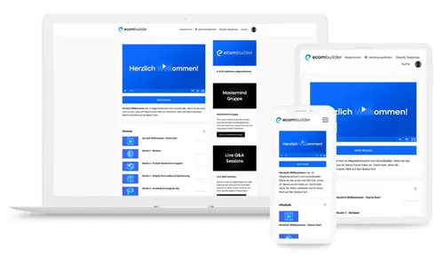 Mitgliederbereich des eCom Builder Kurses von ChrisFil auf Laptop, Tablet und Smartphone