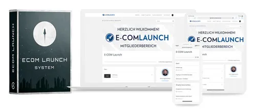 Kursbox des Ecom Launch Systems neben Laptop, Tablet und Smartphone mit dem E-Com Launch Mitgliederbereich