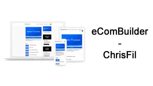 Mitgliederbereich des eComBuilder auf Laptop, Tablet und Smartphone neben dem Schriftzug eComBuilder – ChrisFil