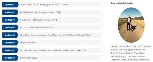 Update-Liste im Kurs Ecomination 2.0 mit Infobox zum Kursautor Riccardo Göderle