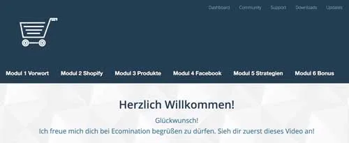 Mitgliederbereich des Ecomination Kurses mit Modulnavigation und Begrüßung Herzlich Willkommen