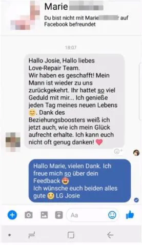 Screenshot einer Facebook-Nachricht an Josie: Mann dank der EFZ-Strategie von Love-Repair zurückgewonnen