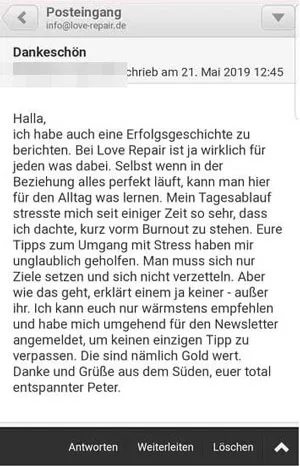 Screenshot einer Dankes-E-Mail an Love-Repair über eine gerettete Beziehung und hilfreiche Tipps