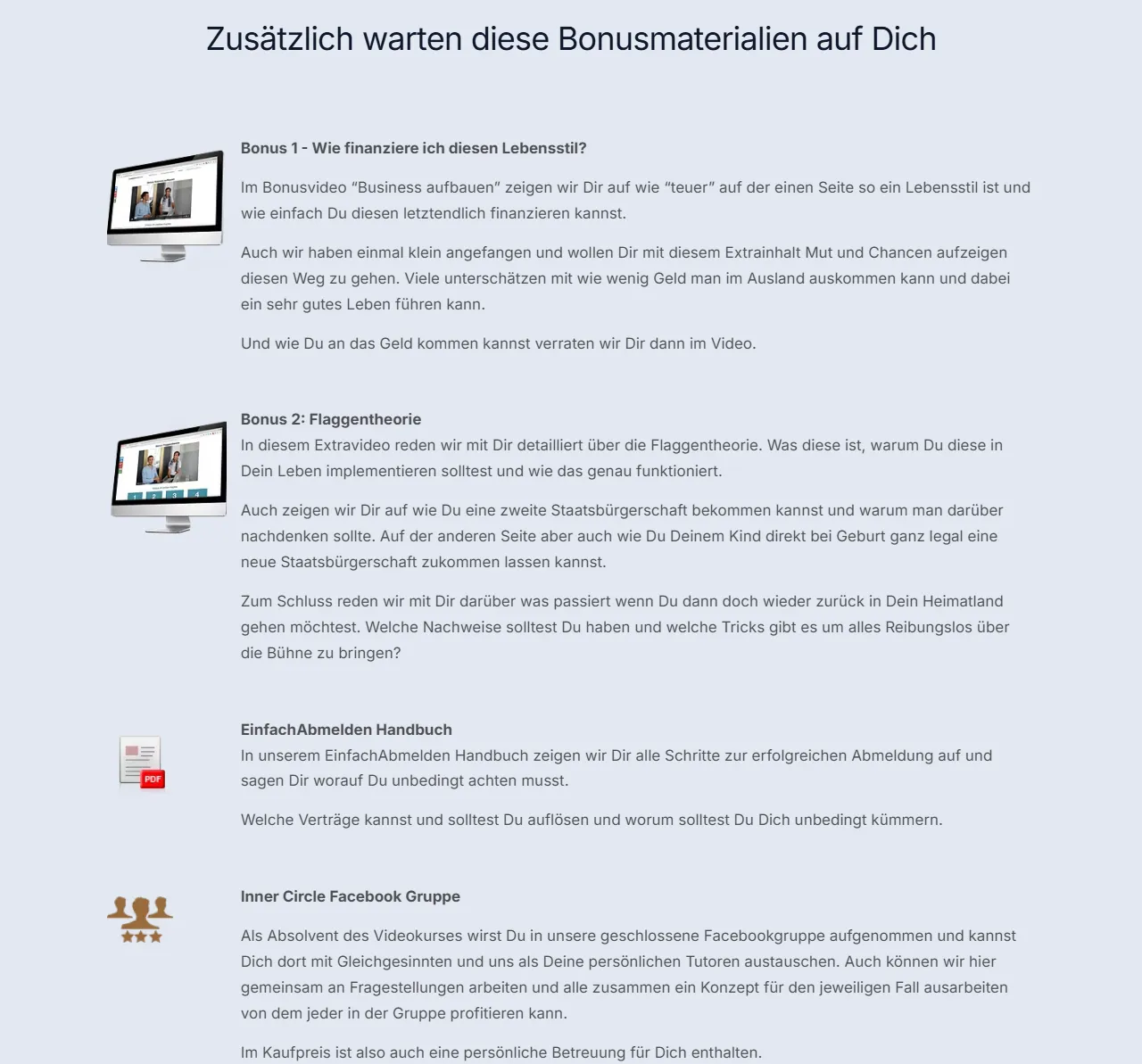 Bonusübersicht auf der Kursseite von EinfachAbmelden mit Bonus 1 Business aufbauen und Bonus 2 Flaggentheorie