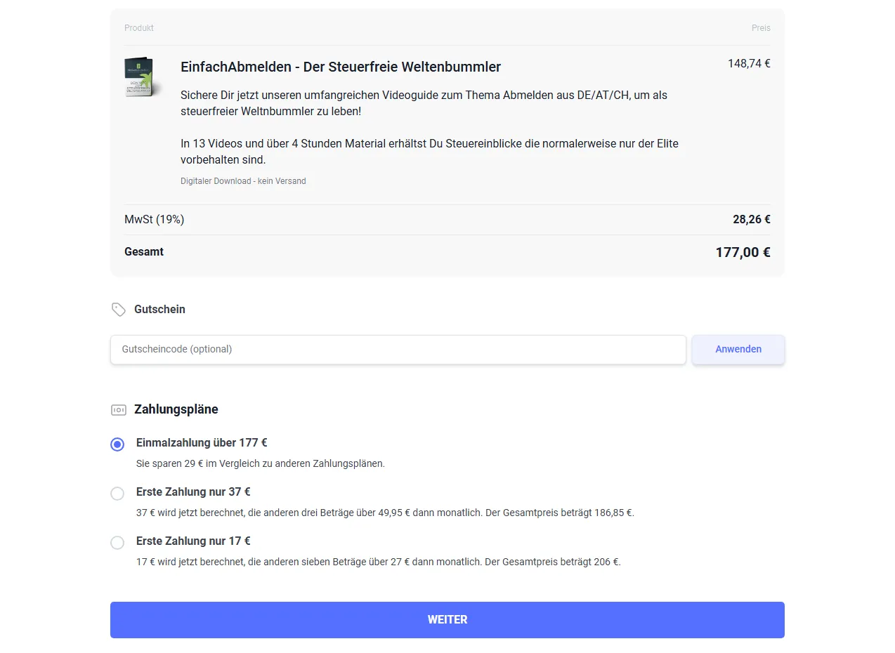 Bestellformular von EinfachAbmelden mit Preis 177 Euro und den drei Zahlungsplänen