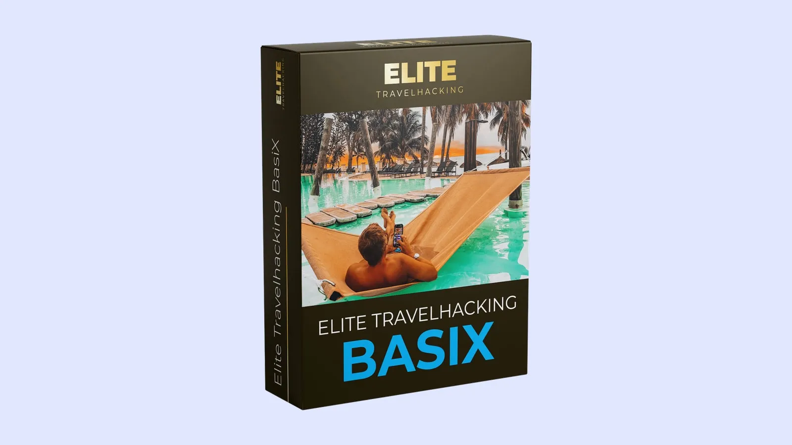 Kursbox des Videokurses Elite Travelhacking BasiX mit einem Mann in einer Hängematte über einem Hotelpool