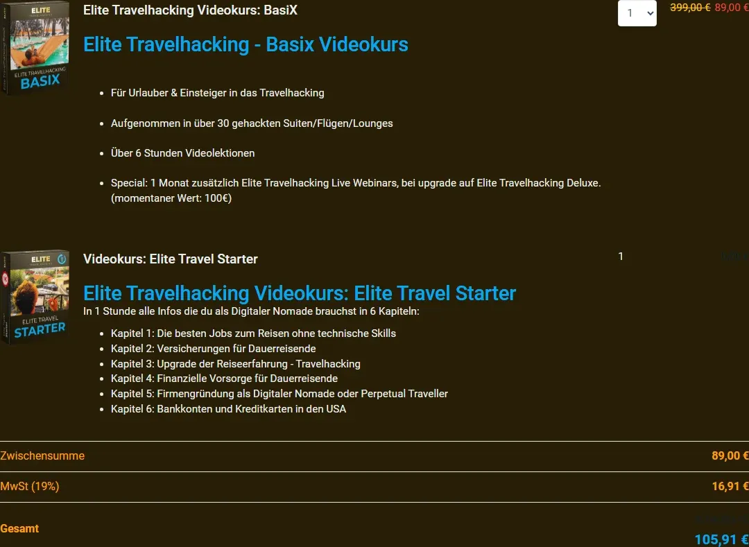 Bestellformular von Elite Travelhacking BasiX mit Bonus Elite Travel Starter, 89 Euro Zwischensumme, 16,91 Euro Mehrwertsteuer und 105,91 Euro gesamt