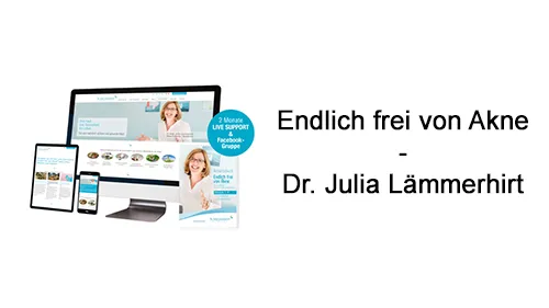 Kursinhalte von Endlich frei von Akne auf Bildschirm, Tablet und Smartphone mit dem Schriftzug Dr. Julia Lämmerhirt