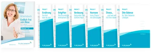 Arbeitsbücher der Module 1 bis 5 und des Bonus Skin Balance zum Kurs Endlich frei von Akne