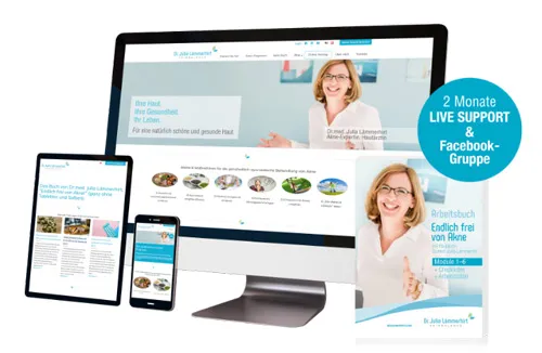 Online-Kurs Endlich frei von Akne auf Bildschirm, Tablet und Smartphone mit Arbeitsbuch und Hinweis auf 2 Monate Live Support