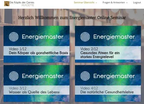 Übersicht des Energiemaster Online Seminars mit den ersten vier von zwölf Videolektionen