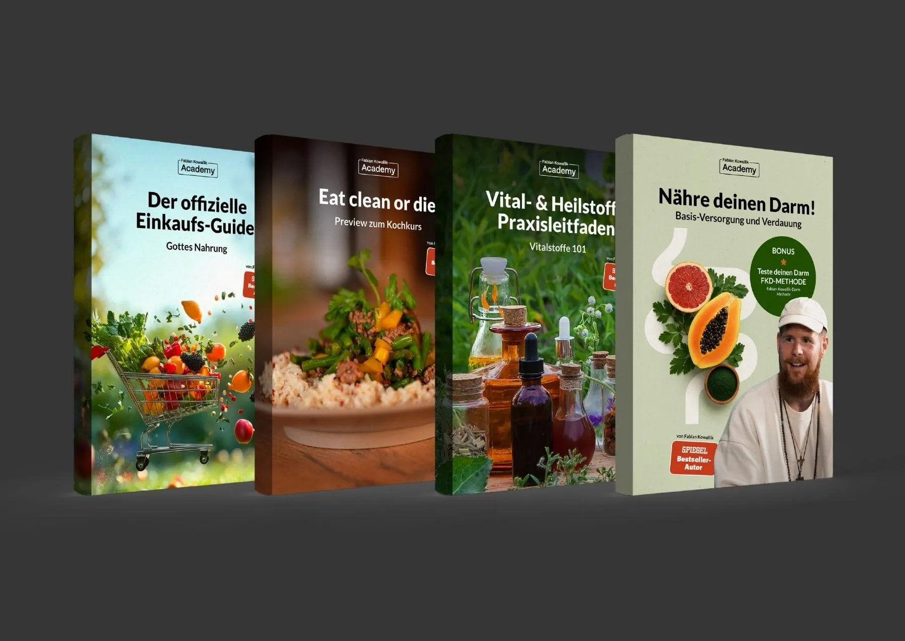 Vier E-Books der Fabian Kowallik Academy: Einkaufs-Guide, Eat clean or die, Vital- und Heilstoff Praxisleitfaden und Nähre deinen Darm