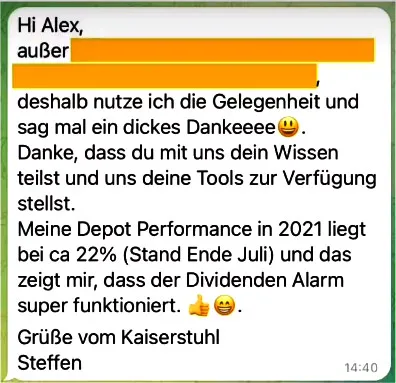 Chat-Nachricht von Steffen: Depot-Performance von ca. 22 % in 2021 dank Dividenden Alarm