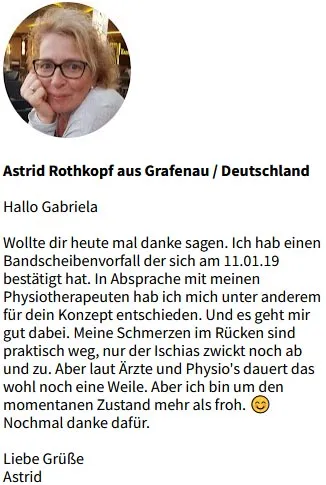 Kundenbrief von Astrid Rothkopf, deren Rückenschmerzen nach einem Bandscheibenvorfall mit Pilates 4 Life nachließen