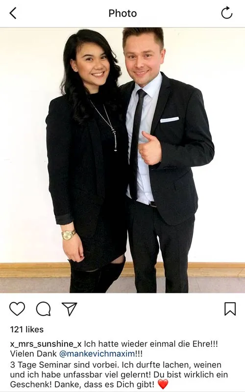 Instagram-Post einer Teilnehmerin mit Maxim Mankevich nach einem dreitägigen Seminar