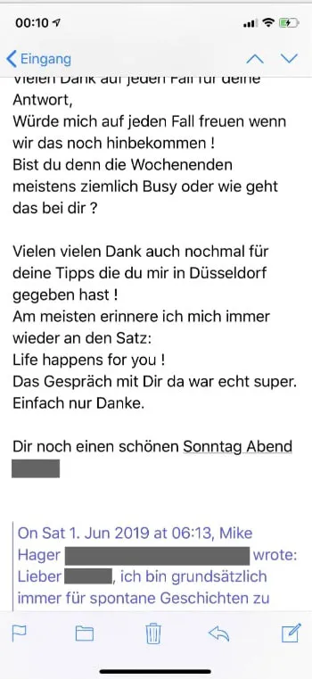 E-Mail-Screenshot: Dank an Mike Hager für seine Tipps und das Gespräch in Düsseldorf