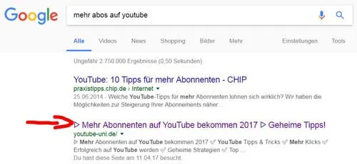 Google Suchergebnisse mit dem Ranking einer Ratgeberseite zum Thema mehr Abonnenten auf YouTube
