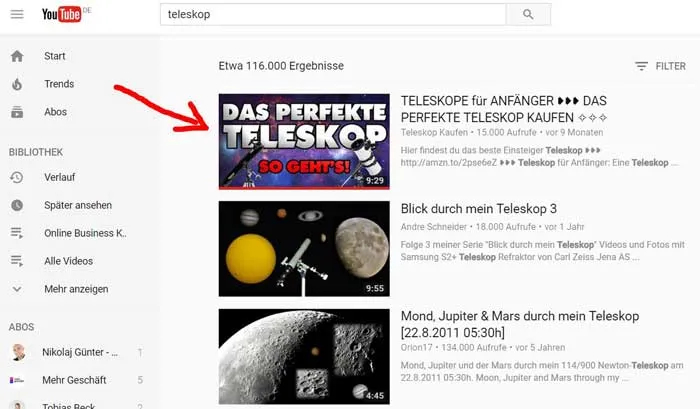 YouTube-Suchergebnisse für Teleskop mit dem eigenen Video auf Platz 1 als Ergebnis der Videomarketing Strategien