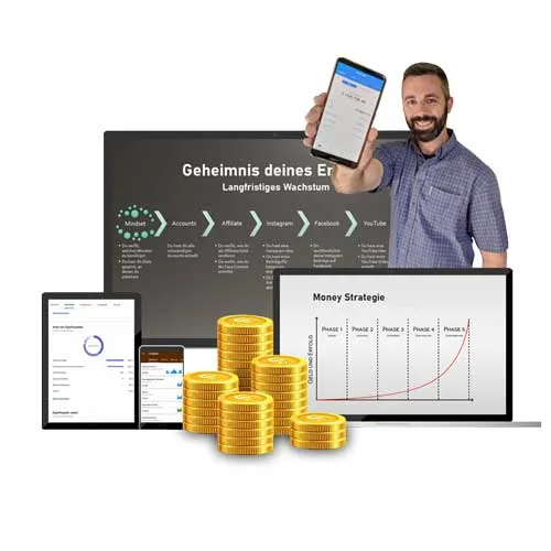 Eric Hüther mit Smartphone vor Bildschirmen mit Strategie-Grafiken und Goldmünzen zum 1:1 Coaching