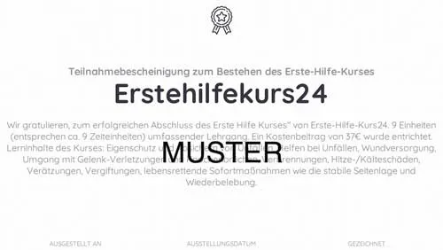 Muster der Teilnahmebescheinigung zum Bestehen des Erste-Hilfe-Kurses von Erstehilfekurs24