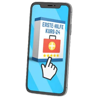 Smartphone mit der Kursbox des Erste-Hilfe-Kurs-24 und einer tippenden Hand