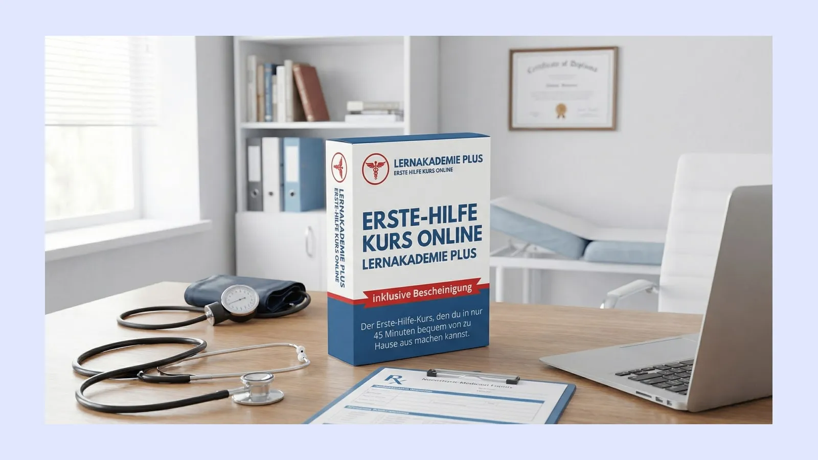 Kursbox Erste-Hilfe-Kurs Online der Lernakademie Plus auf einem Schreibtisch mit Stethoskop und Laptop