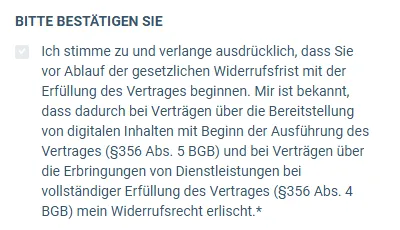 Text zur Bestätigung im Bestellformular des Erste-Hilfe-Kurs Online zum Beginn vor Ablauf der Widerrufsfrist