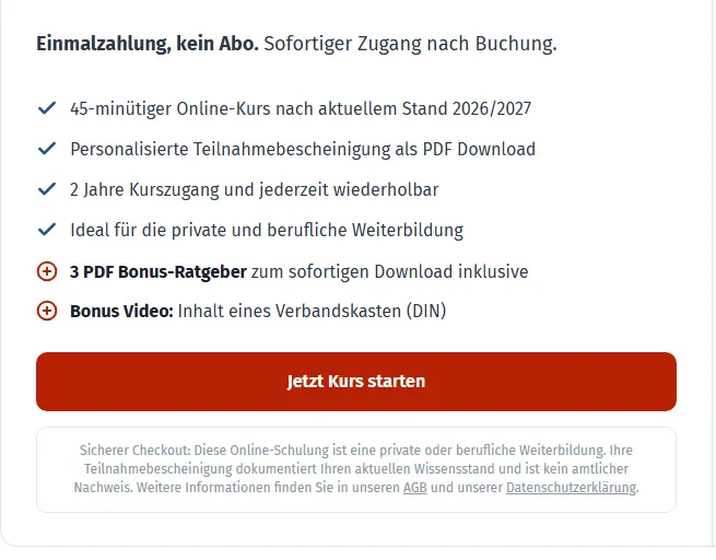 Angebotsbox der Kursseite mit 45 Minuten, Teilnahmebescheinigung als PDF und dem Hinweis zur Einordnung der Bescheinigung