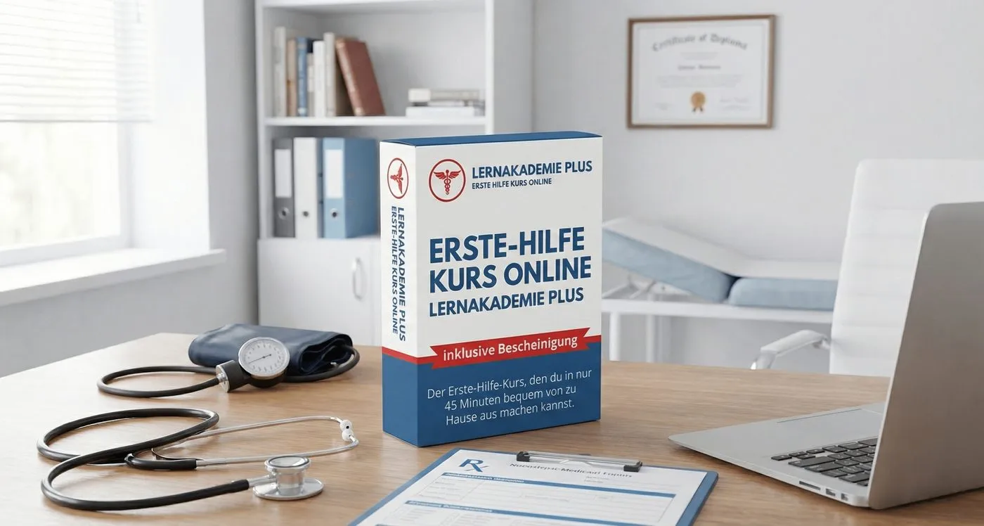 Kursbox Erste-Hilfe-Kurs Online der Lernakademie Plus mit dem Hinweis inklusive Bescheinigung auf einem Schreibtisch