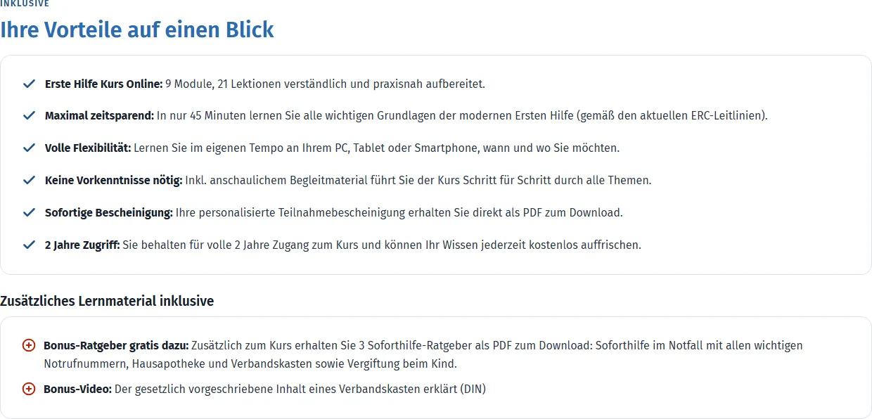 Liste der Vorteile auf der Kursseite mit 9 Modulen, 21 Lektionen, 45 Minuten und zwei Jahren Zugriff sowie Bonus-Ratgebern