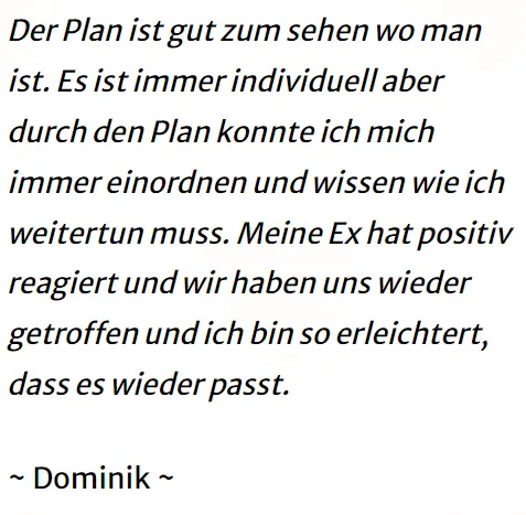 Kundenstimme von Dominik: Dank des Plans hat die Ex positiv reagiert und beide haben sich wieder getroffen