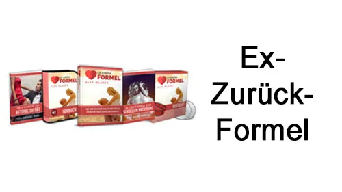 Kursboxen, Hörbuch und E-Books der Ex-Zurück-Formel von Alex Glades neben dem Schriftzug Ex-Zurück-Formel