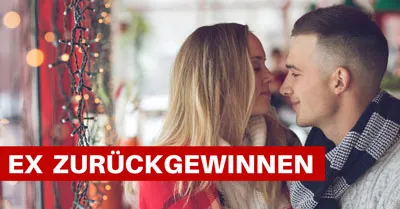 Verliebtes Paar schaut sich in der Weihnachtszeit an, darunter der Schriftzug Ex zurückgewinnen