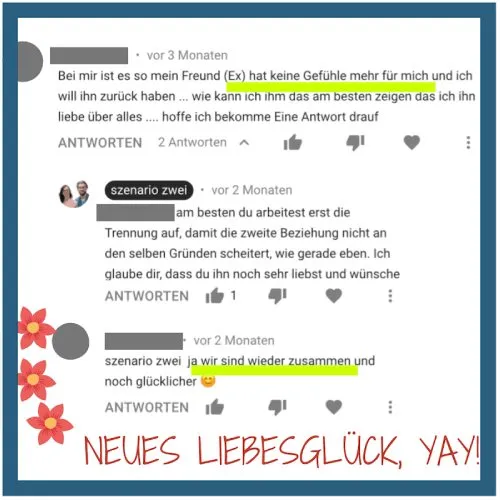 YouTube-Kommentare über ein neues Liebesglück dank der Tipps von Lena Kager und Dr. Stephan Kraft