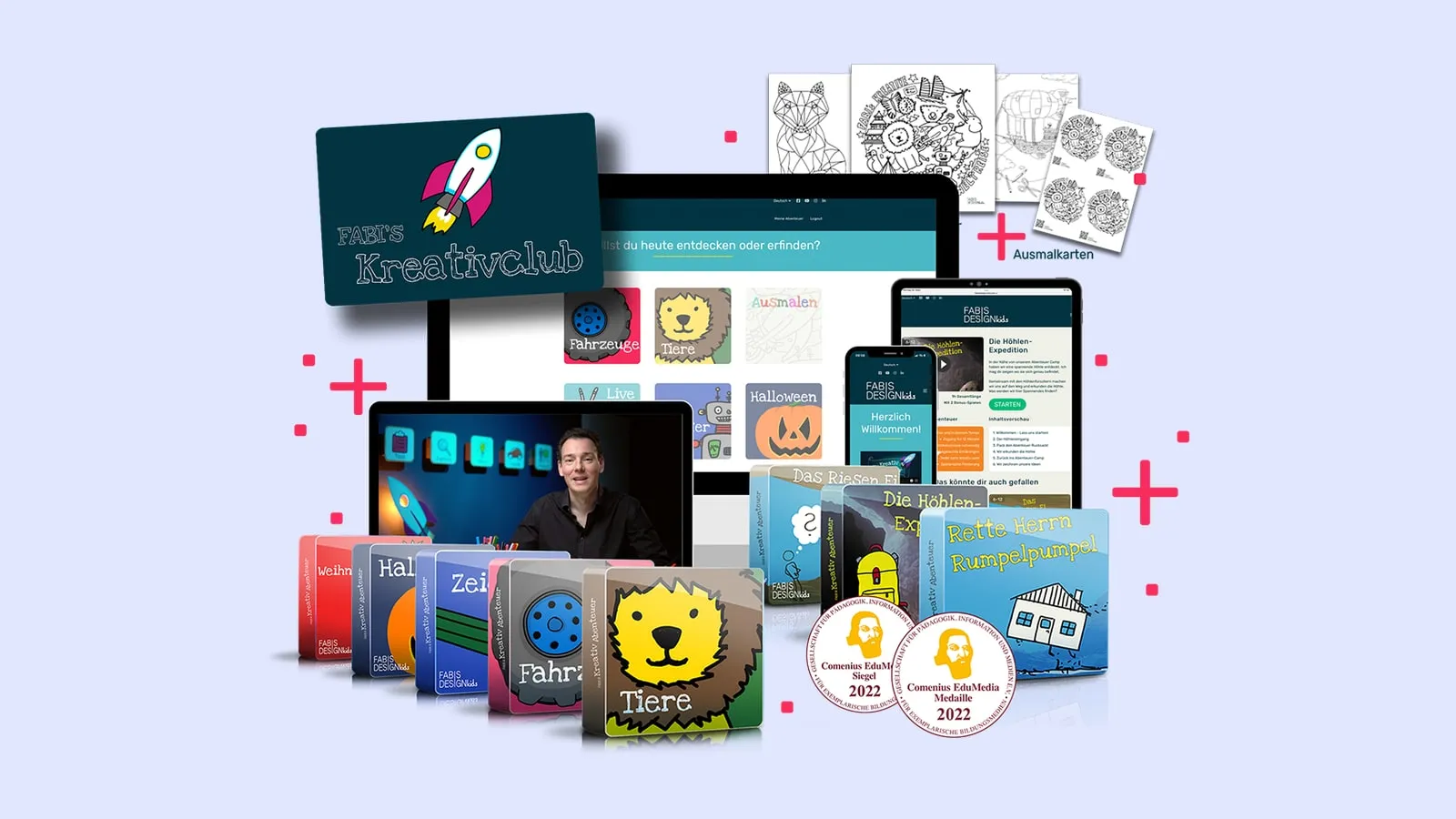 FABI's Kreativclub mit Mitgliederbereich auf Monitor, Tablet und Handy und den Themenboxen des Clubs