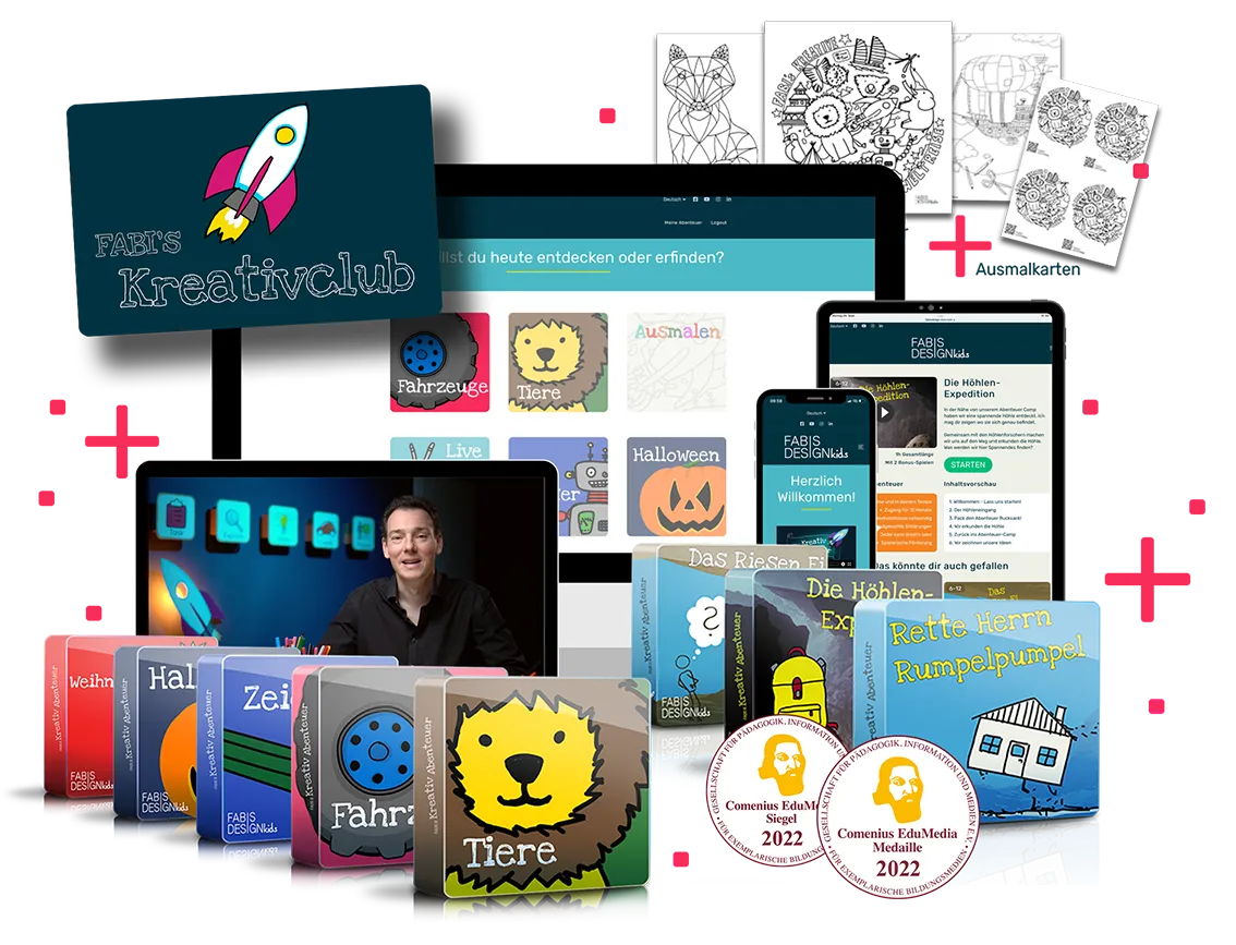 FABI's Kreativclub auf Monitor, Tablet und Smartphone, davor Themenboxen wie Tiere und Fahrzeuge