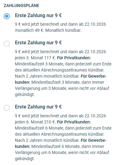 Zahlungspläne im Bestellformular: drei Varianten mit erster Zahlung von 9 Euro und danach 49, 117 oder 210 Euro