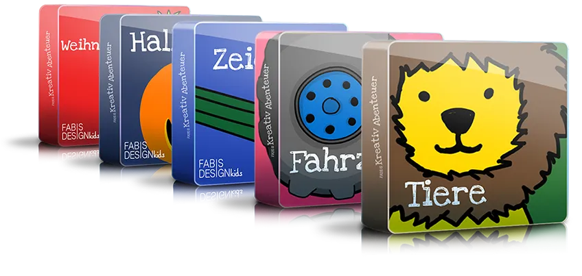 Fünf Themenboxen des Clubs mit den Aufschriften Weihnachten, Halloween, Zeichnen, Fahrzeuge und Tiere