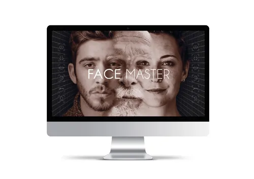 Monitor mit dem Face Master Kurs von Maxim Mankevich: Gesicht aus jungem Mann, altem Mann und Frau