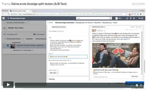Video-Lektion Deine erste Anzeige split-testen (A/B-Test) aus der Facebook Ads Anleitung 2.0
