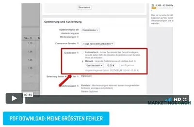 Bildschirmaufnahme zur Optimierung einer Facebook Anzeige mit PDF Download Meine größten Fehler im FB Meisterkurs