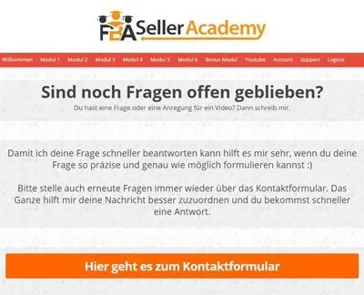 Support-Seite der FBA Seller Academy mit Hinweis zum Kontaktformular bei Fragen zu Amazon FBA