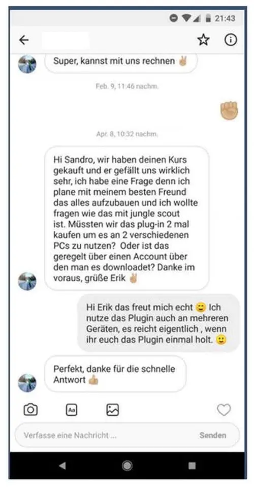 Chatverlauf eines Kursteilnehmers mit Sandro van Eykels über den Zugang zur FBA Masterclass