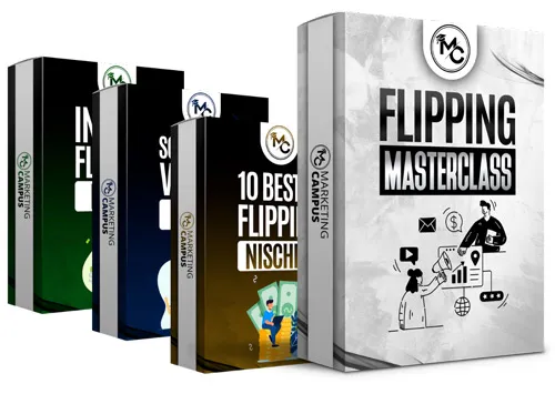Kursbox der Flipping Masterclass vom Marketing Campus neben den drei Bonus-Kursboxen