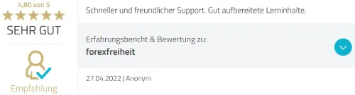 Bewertung von Forex Freiheit mit 4,80 von 5 Sternen: schneller und freundlicher Support, gut aufbereitete Lerninhalte