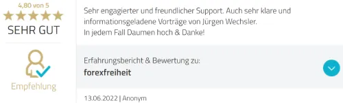 Bewertung von Forex Freiheit mit 4,80 von 5 Sternen: engagierter Support und informationsgeladene Vorträge von Jürgen Wechsler
